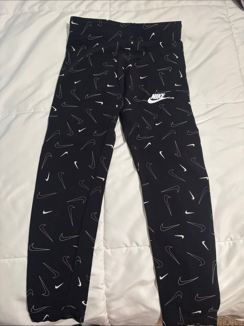 Nike Black Leggings with White and Pink Swoosh Print